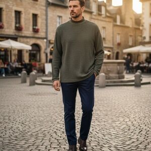 Perry Ellis Portofino Dark Olive Green Mock Neck Performance Knit Shirt M